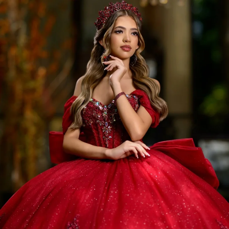 Shiny Red Quinceanera Dress off-shoulder Crystal Decal Layering Long tail Bow vestidos de 15 Quinceanera Customize
Shiny Red Quinceanera Dress off-shoulder Crystal Decal Layering Long tail Bow vestidos de 15 Quinceanera Customize