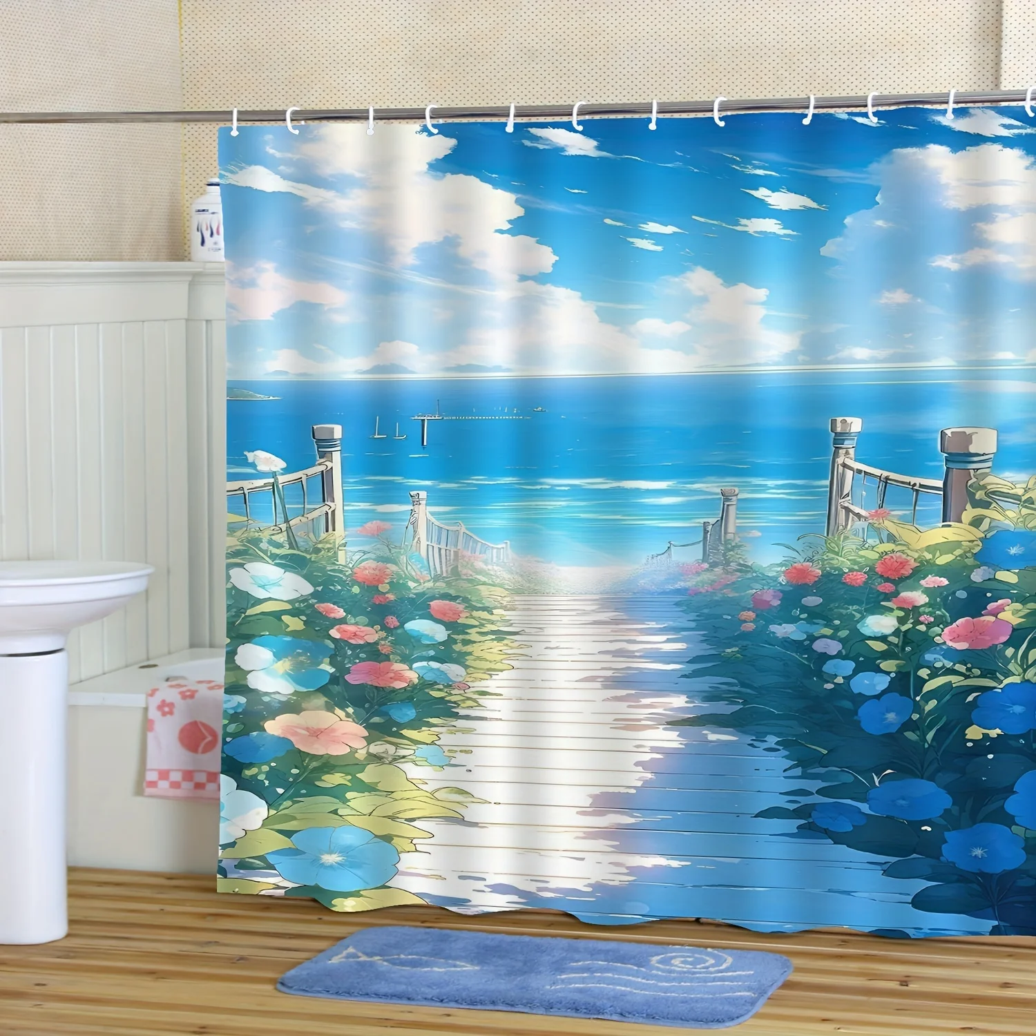 Занавеска для душа с цифровым принтом «Спокойное синее океанское море», яркая подводная сцена, деревянный причал и цветы, полиэстер, современный декор для ванной комнаты
Занавеска для душа с цифровым принтом «Спокойное синее океанское море», яркая подводная сцена, деревянный причал и цветы, полиэстер, современный декор для ванной комнаты