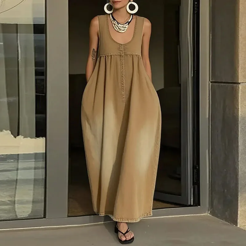 Retro Casual U Neck Strappy Party Dress Woman 2025 Spring Solid Loose Pocket Long Dress Women's Sleeveless Summer Vacation Dress
Retro Casual U Neck Strappy Party Dress Woman 2025 Spring Solid Loose Pocket Long Dress Women's Sleeveless Summer Vacation Dress