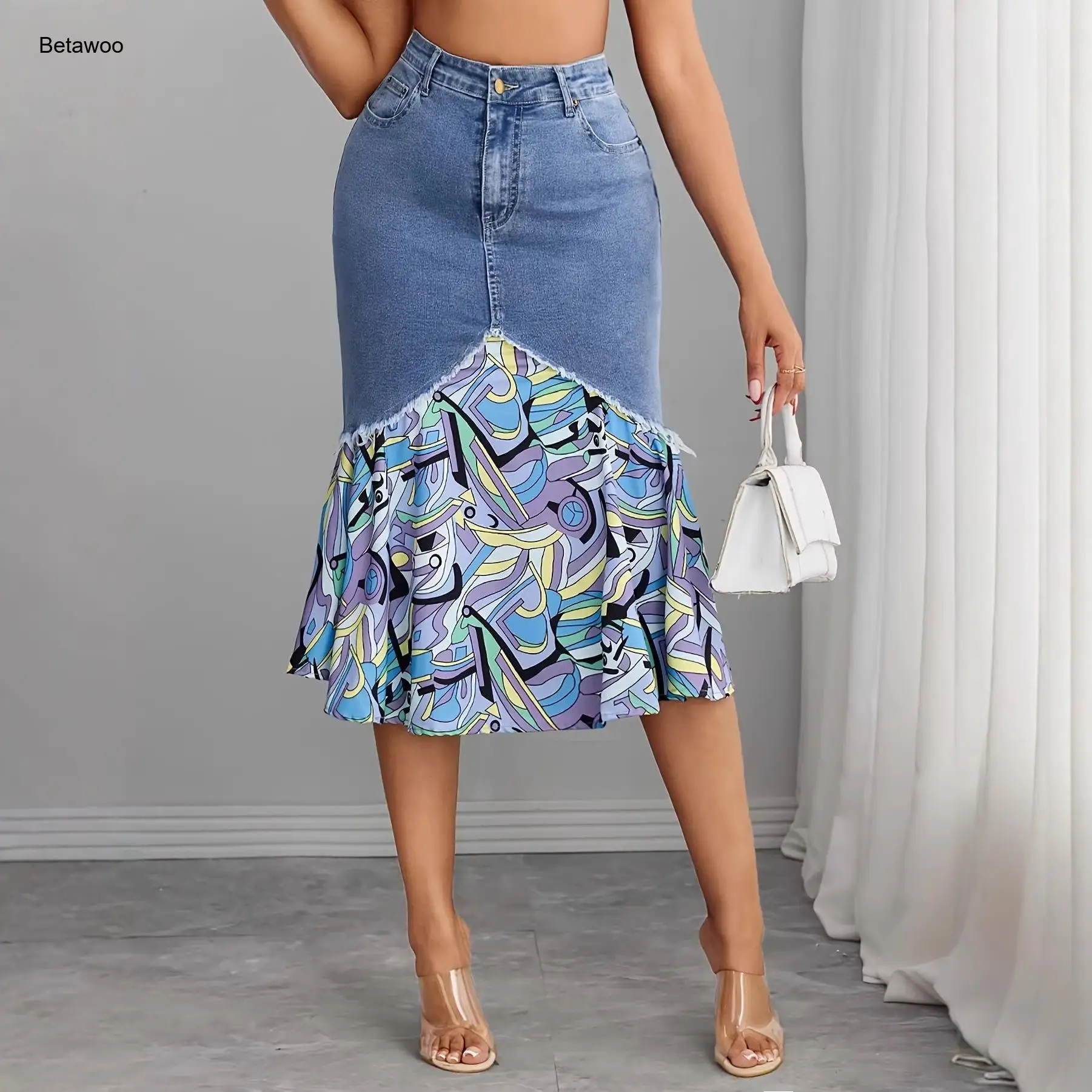 Women Denim Patchwork Printed Midi Skirt High Waist Flared Hem Casual Summer Colorful Abstract Print Jean Skirt
Women Denim Patchwork Printed Midi Skirt High Waist Flared Hem Casual Summer Colorful Abstract Print Jean Skirt