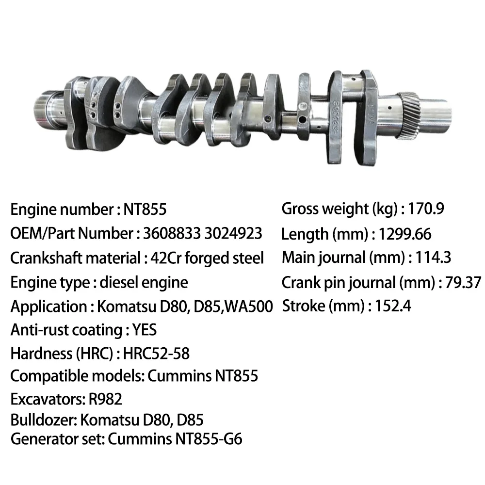 New NT855 Engine Crankshaft 3608833 3024923 for Construction Equipment Forged 1 Year Warranty
New NT855 Engine Crankshaft 3608833 3024923 for Construction Equipment Forged 1 Year Warranty