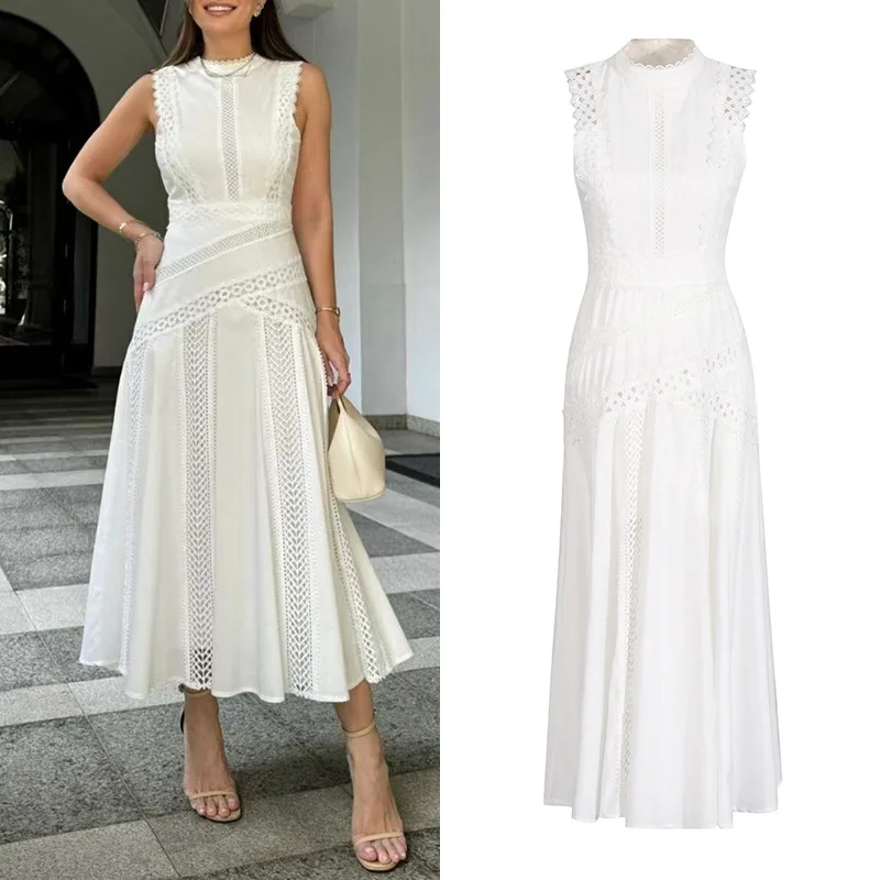 Elegant Lace Hollow out Long Sleeveless Dress Stand Collar Fashion Women's Cotton Maxi Dress High Waist Minimalist A Line Dress
Elegant Lace Hollow out Long Sleeveless Dress Stand Collar Fashion Women's Cotton Maxi Dress High Waist Minimalist A Line Dress