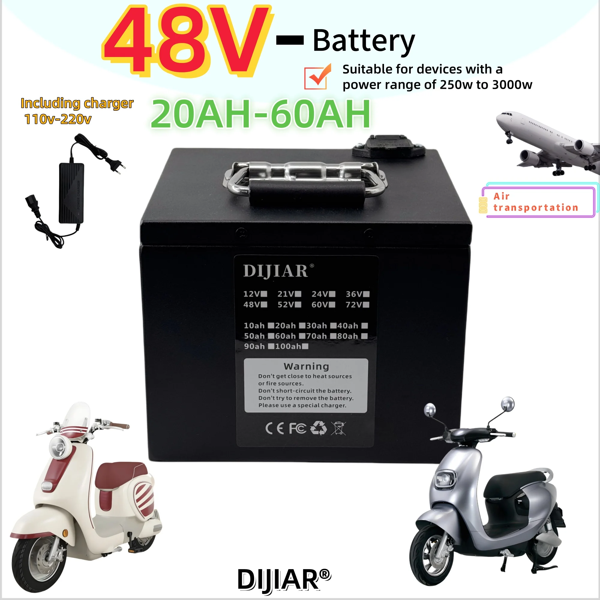 DIJIAR air freight, 48V60AH, full capacity, shipped within 24 hours, new 18650 lithium battery, suitable for motors below 3000W
DIJIAR air freight, 48V60AH, full capacity, shipped within 24 hours, new 18650 lithium battery, suitable for motors below 3000W