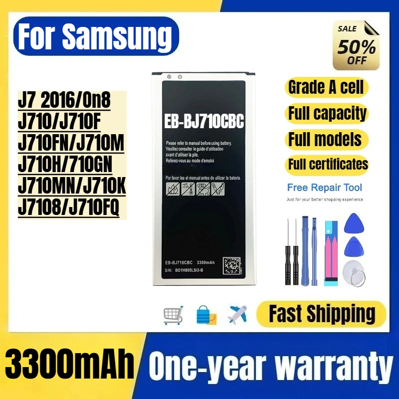 EB-BJ710CBC for Samsung J7 2016/On8/J710/J710F/J710FN/J710M/J710H/710GN/J710MN/J710K/J7108/J710FQ Phone Battery with tools
EB-BJ710CBC for Samsung J7 2016/On8/J710/J710F/J710FN/J710M/J710H/710GN/J710MN/J710K/J7108/J710FQ Phone Battery with tools