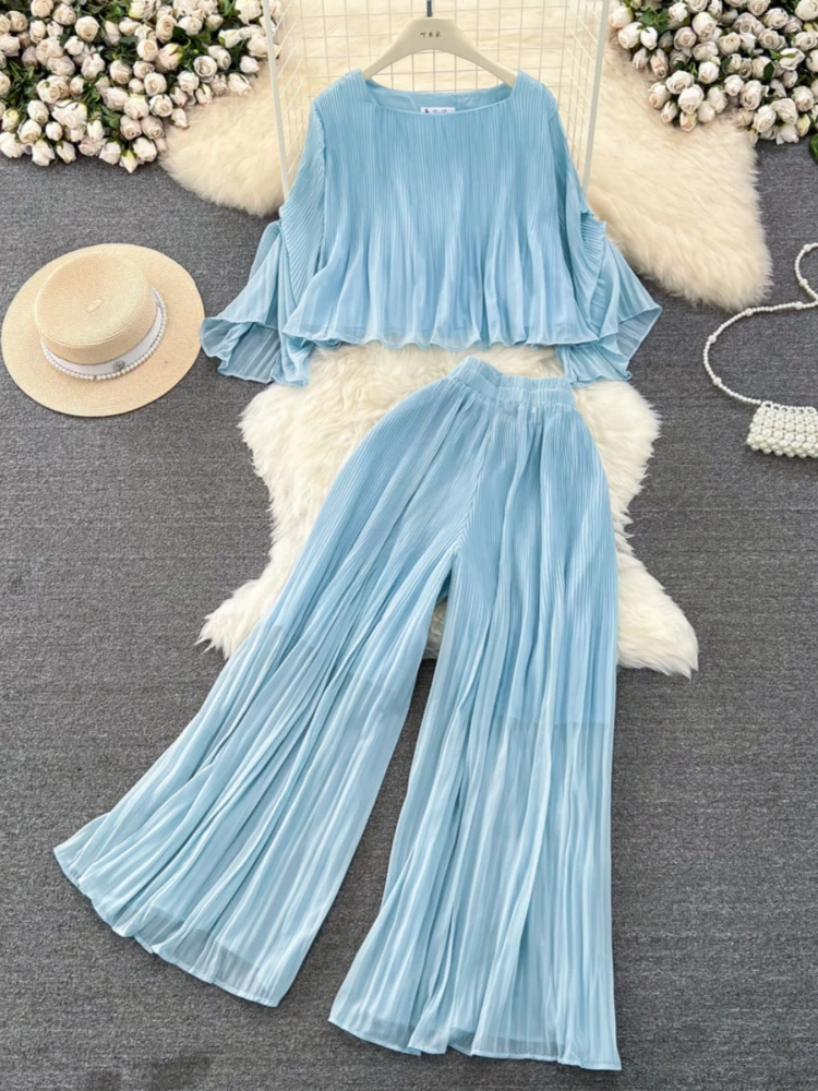 Women Fashion Solid Chiffon Casual Loose Fold Suits Autumn Round Neck Flare Sleeve Top Wide Leg Long Pants Two Piece Sets
Women Fashion Solid Chiffon Casual Loose Fold Suits Autumn Round Neck Flare Sleeve Top Wide Leg Long Pants Two Piece Sets