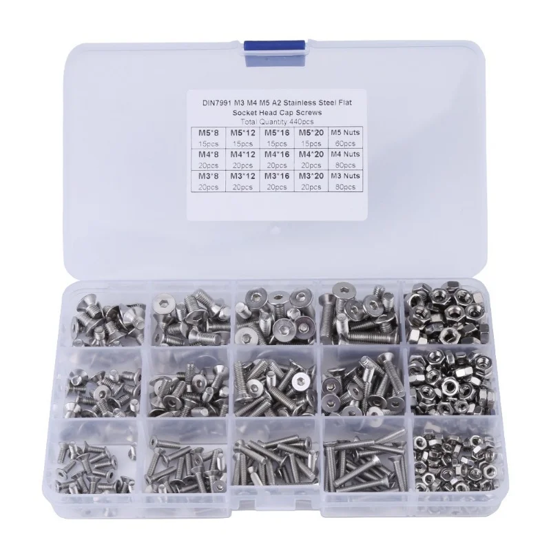 440pcs M3 M4 M5 Stainless Steel Hex Socket Flat Head Screw Bolts And Nuts Kit
440pcs M3 M4 M5 Stainless Steel Hex Socket Flat Head Screw Bolts And Nuts Kit