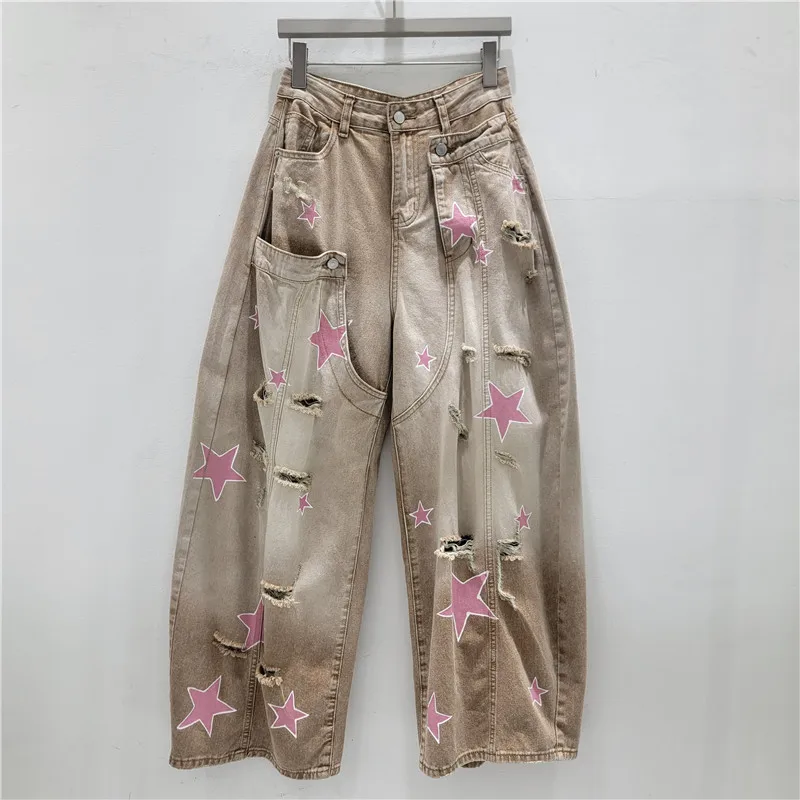 Retro Pink Pentagram Printed Jeans Women's Loose and Thin Summer Wear Ripped Scimitar Pants High-waisted Khaki Trousers
Retro Pink Pentagram Printed Jeans Women's Loose and Thin Summer Wear Ripped Scimitar Pants High-waisted Khaki Trousers