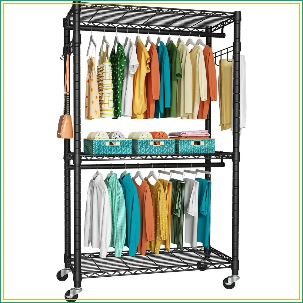 Heavy Duty Garment Rack, 3 Tiers Adjustable Rolling Closet Organizer with Lockable Wheels, Free Standing Wardrobe, Double Hanger Rods & Hooks, Max Load 450 LBS
Heavy Duty Garment Rack, 3 Tiers Adjustable Rolling Closet Organizer with Lockable Wheels, Free Standing Wardrobe, Double Hanger Rods & Hooks, Max Load 450 LBS
