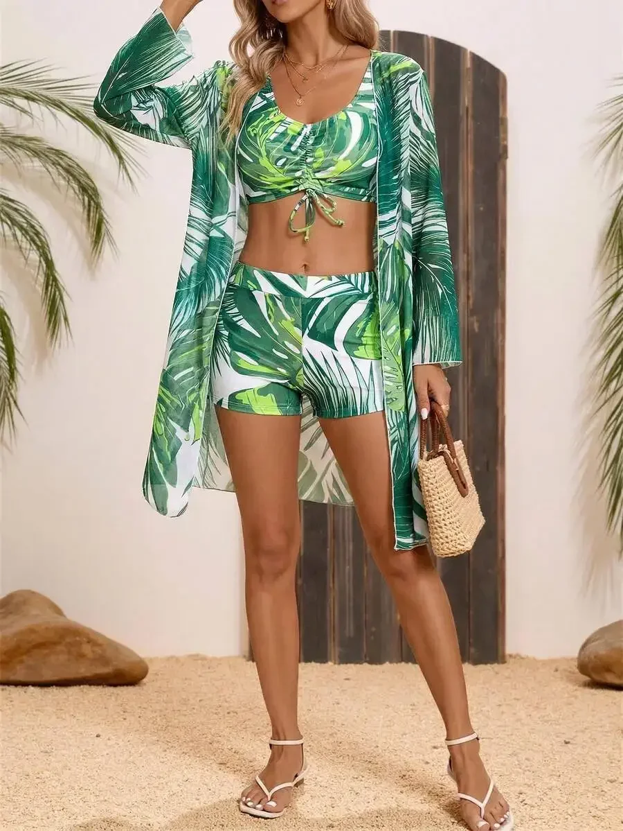 Tropical Print Bikini Set With Front Tie Cheeky Shorts And Long Sleeve Kimono Cover Up
Tropical Print Bikini Set With Front Tie Cheeky Shorts And Long Sleeve Kimono Cover Up