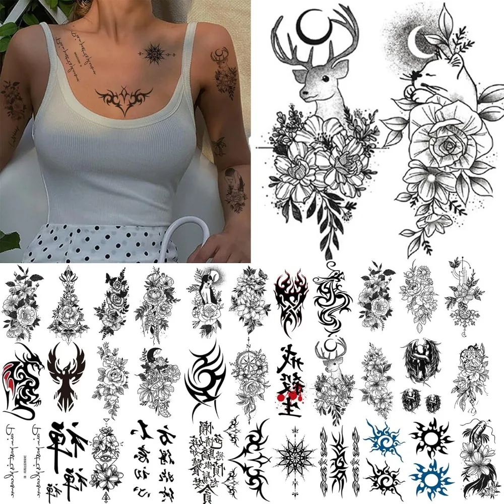 60 Elegant Temporary Tattoos: Black Oriental Totem and Flower Designs for Unisex Use
60 Elegant Temporary Tattoos: Black Oriental Totem and Flower Designs for Unisex Use