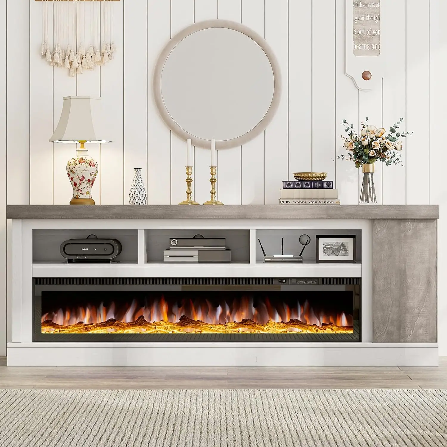 AMERLIFE 75" Fireplace TV Stand with 60" Glass Electric Fireplace, Color Contrast Rustic Media Entertainment Center with Storage
AMERLIFE 75" Fireplace TV Stand with 60" Glass Electric Fireplace, Color Contrast Rustic Media Entertainment Center with Storage