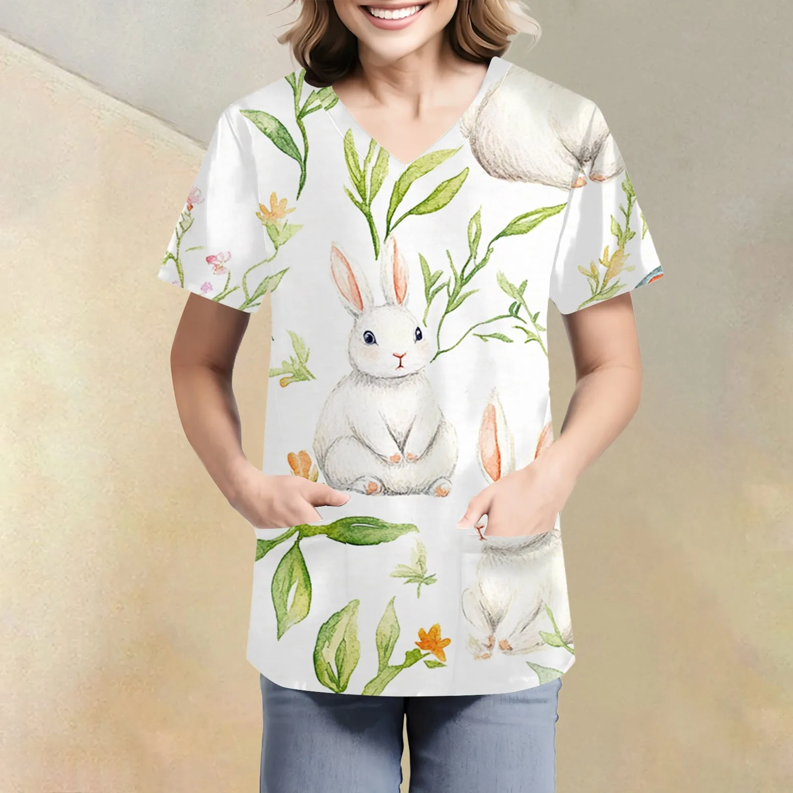 Women's Fashion V-neck Short-sleeved Work Clothes With Pockets Easter Printing Soft Breathable Care Wear
Women's Fashion V-neck Short-sleeved Work Clothes With Pockets Easter Printing Soft Breathable Care Wear
