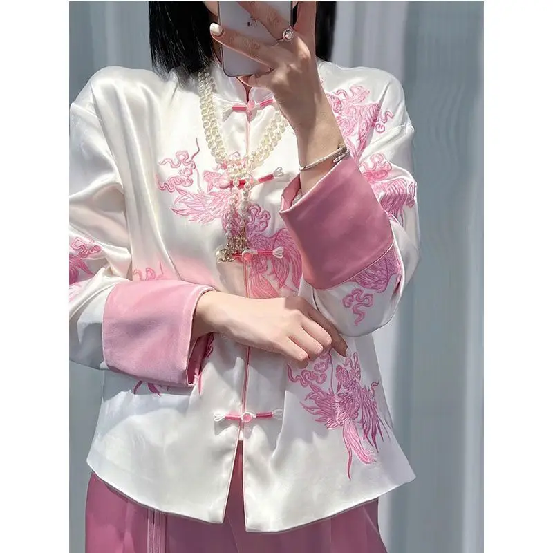 Satin Phoenix Embroider Shirt Women Pink Jacket Chinese Style Shirt Jacket Women's Retro Button Down Top Tang Clothes Streetwear
Satin Phoenix Embroider Shirt Women Pink Jacket Chinese Style Shirt Jacket Women's Retro Button Down Top Tang Clothes Streetwear