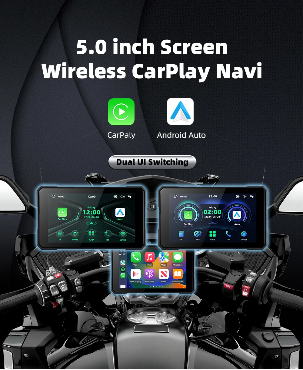 Linux Motorcycle Wireless CarPlay Android Auto 5 Inch IP67 Screen 18-languages wifi bluetooth 5.0 Screen Navigation Support TPMS