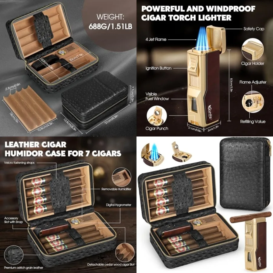 Cigar Humidor Box, Cigar Lighter Cedar Wood Lined Leather Cigar Case Built in Hygrometer Humidifier, Torch Lighter with Cigar H
Cigar Humidor Box, Cigar Lighter Cedar Wood Lined Leather Cigar Case Built in Hygrometer Humidifier, Torch Lighter with Cigar H