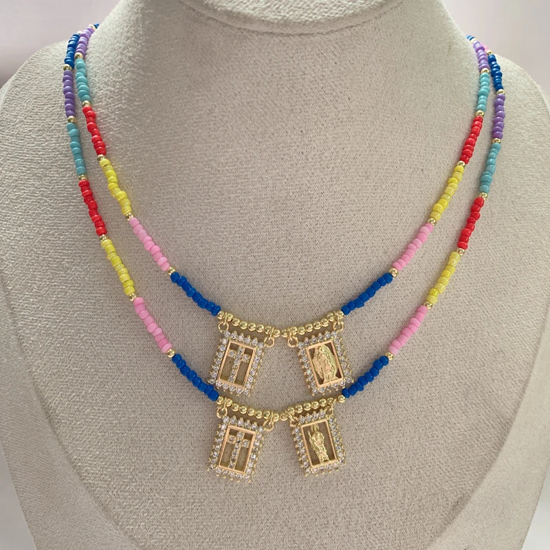 5 pcs/lot Square Scapula Religious Double Pendant Necklace Handmade Beads Gold Plated Brass MIYUKI Guadalupe Necklace Jewelry
5 pcs/lot Square Scapula Religious Double Pendant Necklace Handmade Beads Gold Plated Brass MIYUKI Guadalupe Necklace Jewelry