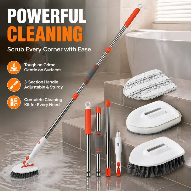 Bathroom Floor Scrub Brush with 3-Section Handle, Hard Bristle Brush for Tile Grout, Bathtub, Shower, and Floor Cleaning Kit
Bathroom Floor Scrub Brush with 3-Section Handle, Hard Bristle Brush for Tile Grout, Bathtub, Shower, and Floor Cleaning Kit