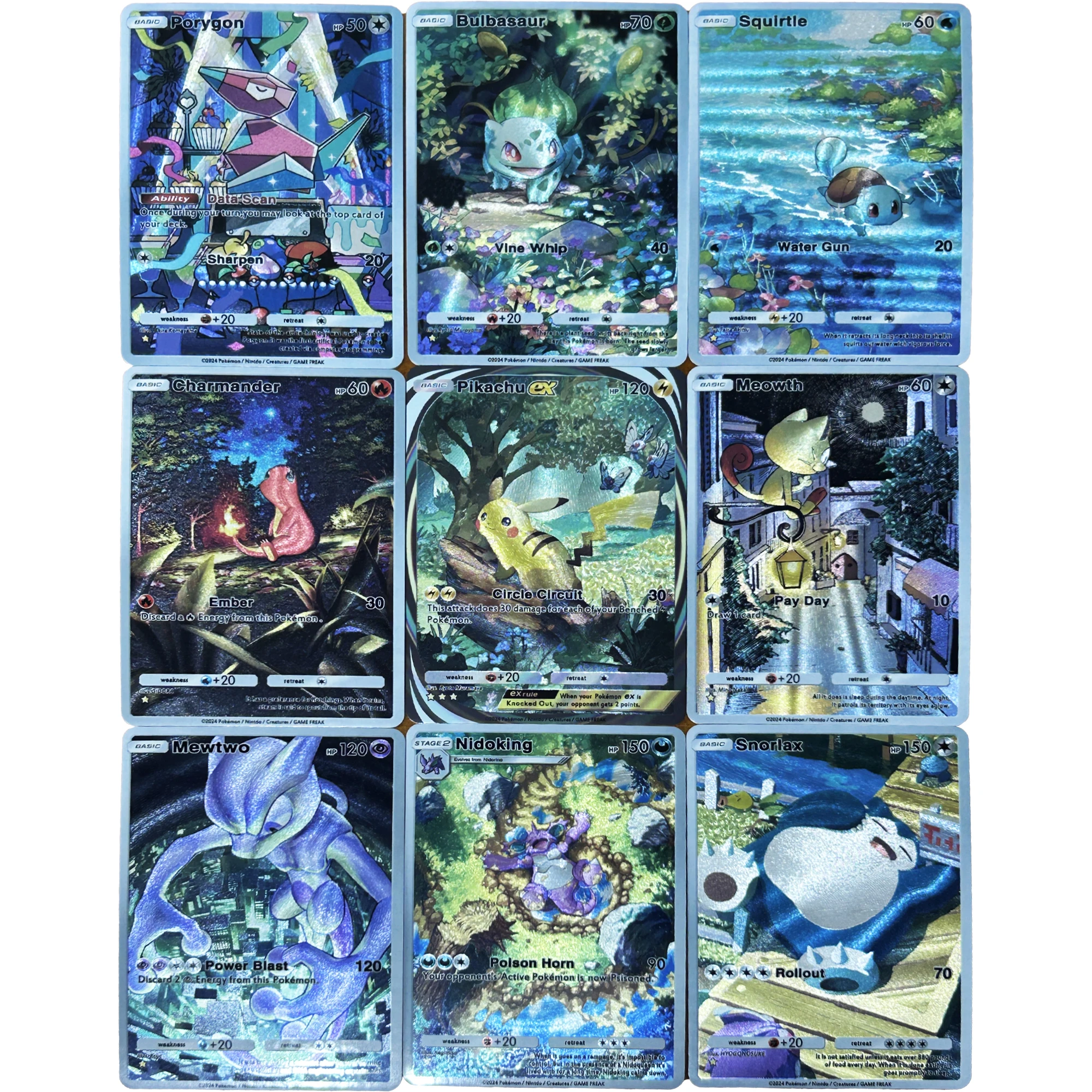 9Pcs/set PTCG Mewtwo Squirtle Charmander Snorlax English Version Texture Flash Card Classic Anime Game Collection Cards Gift Toy
9Pcs/set PTCG Mewtwo Squirtle Charmander Snorlax English Version Texture Flash Card Classic Anime Game Collection Cards Gift Toy