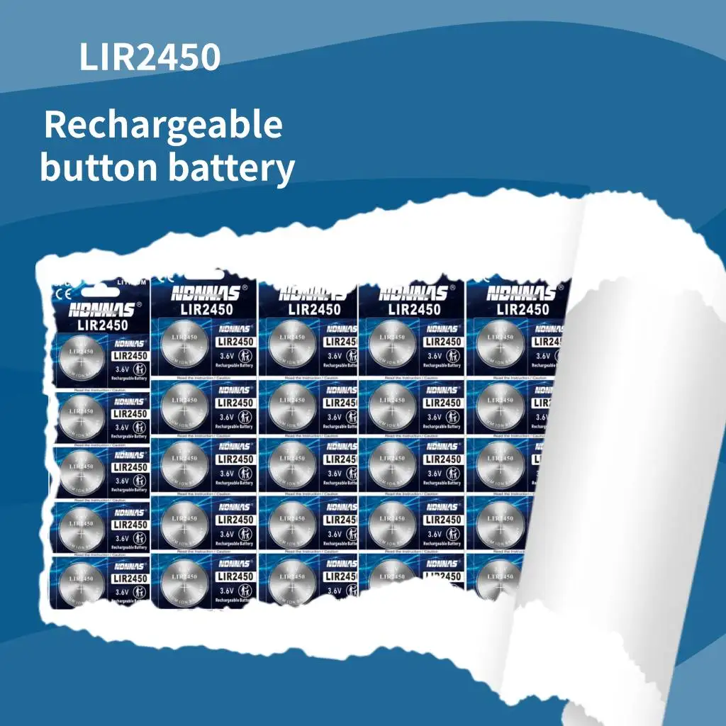LIR2450 3.6V 120mAh Rechargeable Lithium Coin Battery, High Capacity Replacement for CR2450 Button Cell for Watches & Remotes
LIR2450 3.6V 120mAh Rechargeable Lithium Coin Battery, High Capacity Replacement for CR2450 Button Cell for Watches & Remotes