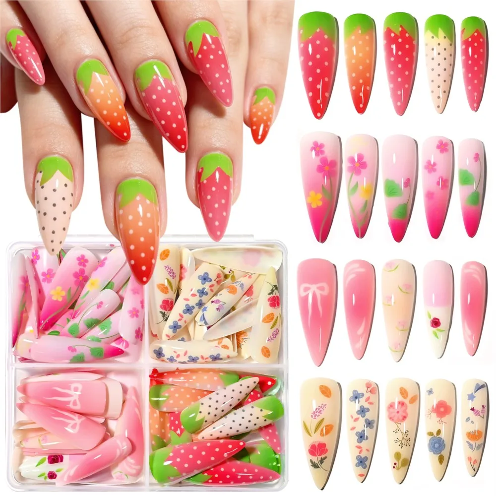 96pcs/box Strawberry Press On Nails Long Stiletto Fake Nails with Flower & Bow Prints Reusable Acrylic False Nail Tips for Women
96pcs/box Strawberry Press On Nails Long Stiletto Fake Nails with Flower & Bow Prints Reusable Acrylic False Nail Tips for Women