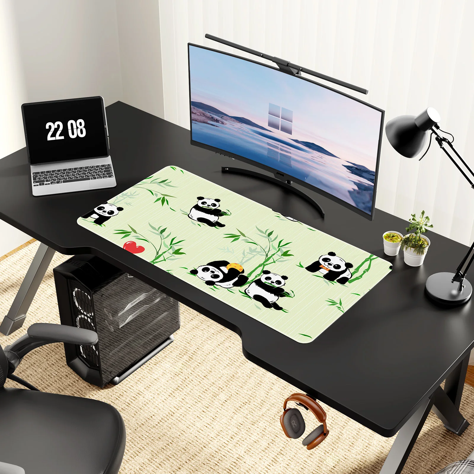 Anime Panda Pattern Desk Mat ,Leather Desk Pad Protector, Non-Slip Large Mouse Pad Office Desk Mat for Office/Home/School