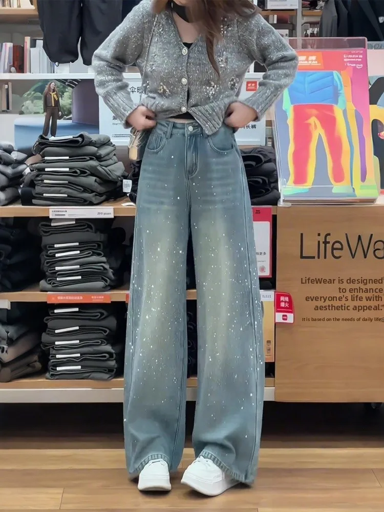 High Waist Wide Leg Jeans Women's Spring plus Size Fleeing Slim Straight Cut Denim Pants Glittering Diamond Embellished
High Waist Wide Leg Jeans Women's Spring plus Size Fleeing Slim Straight Cut Denim Pants Glittering Diamond Embellished