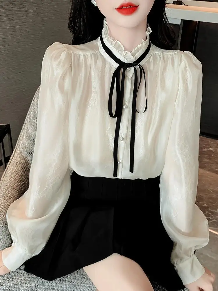 Bow Tie Long Sleeved Stand Collar Chiffon Shirts Tops Mujer Blusas Femininas Elegantes Blouse Women Chic New Shirt
Bow Tie Long Sleeved Stand Collar Chiffon Shirts Tops Mujer Blusas Femininas Elegantes Blouse Women Chic New Shirt