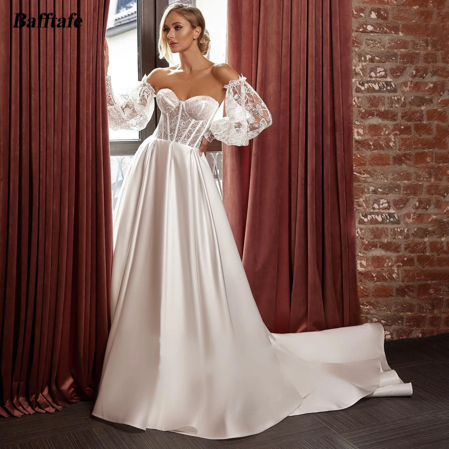Bafftafe A Line Satin Wedding Dresses Detachable Puff Lace Long Sleeves Formal Wedding Bride Gowns Corset Back Bridal Gowns
Bafftafe A Line Satin Wedding Dresses Detachable Puff Lace Long Sleeves Formal Wedding Bride Gowns Corset Back Bridal Gowns