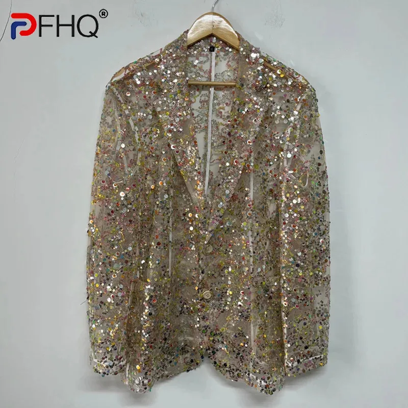 PFHQ Colorful Sequin Embroidery Male Blazers Perspective Mesh Sexy Delicacy Button Casual Summer Men's Light Luxury Coat 21Z4404
PFHQ Colorful Sequin Embroidery Male Blazers Perspective Mesh Sexy Delicacy Button Casual Summer Men's Light Luxury Coat 21Z4404
