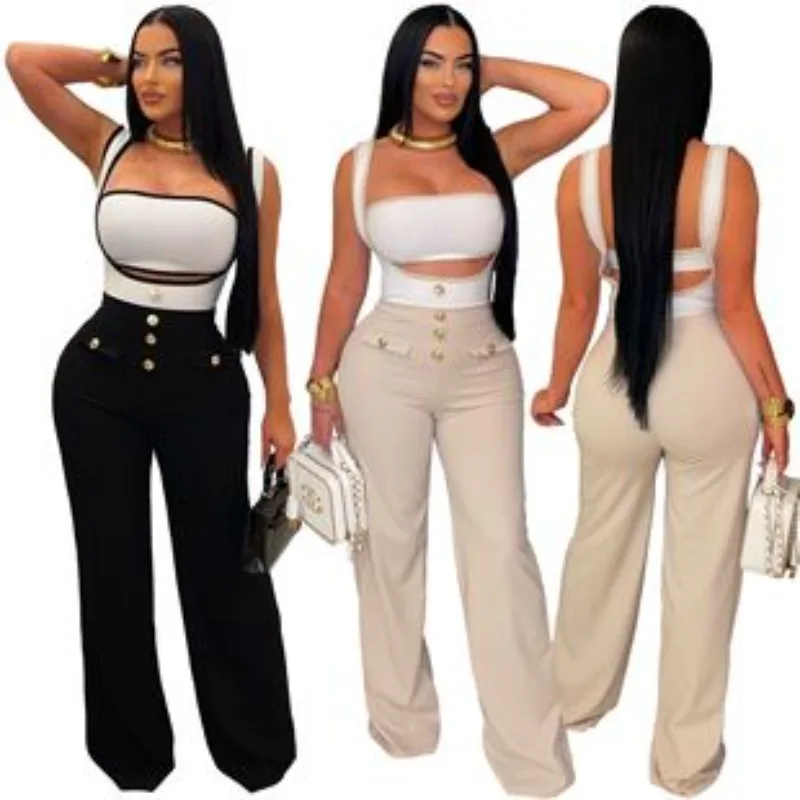 Elegant Women's Suspender Jumpsuits Two-Piece Outfits Glam Fitted Button Details Wide Legs Long Pants Jumpsuit Clubwear
Elegant Women's Suspender Jumpsuits Two-Piece Outfits Glam Fitted Button Details Wide Legs Long Pants Jumpsuit Clubwear