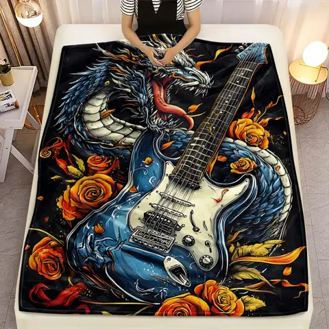 Drachen-E-Gitarre, Flanelldecke, Rockmusik-Thema, feuriges Rosendesign, weiche Überwurfdecke für Musikliebhaber, Schlafzimmerdekoration