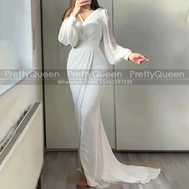 Customized White Chiffon Mermaid Mother of the Bride Dresses V Neck Front Slit Long Sleeves Sheath Wedding Party Dress
Customized White Chiffon Mermaid Mother of the Bride Dresses V Neck Front Slit Long Sleeves Sheath Wedding Party Dress