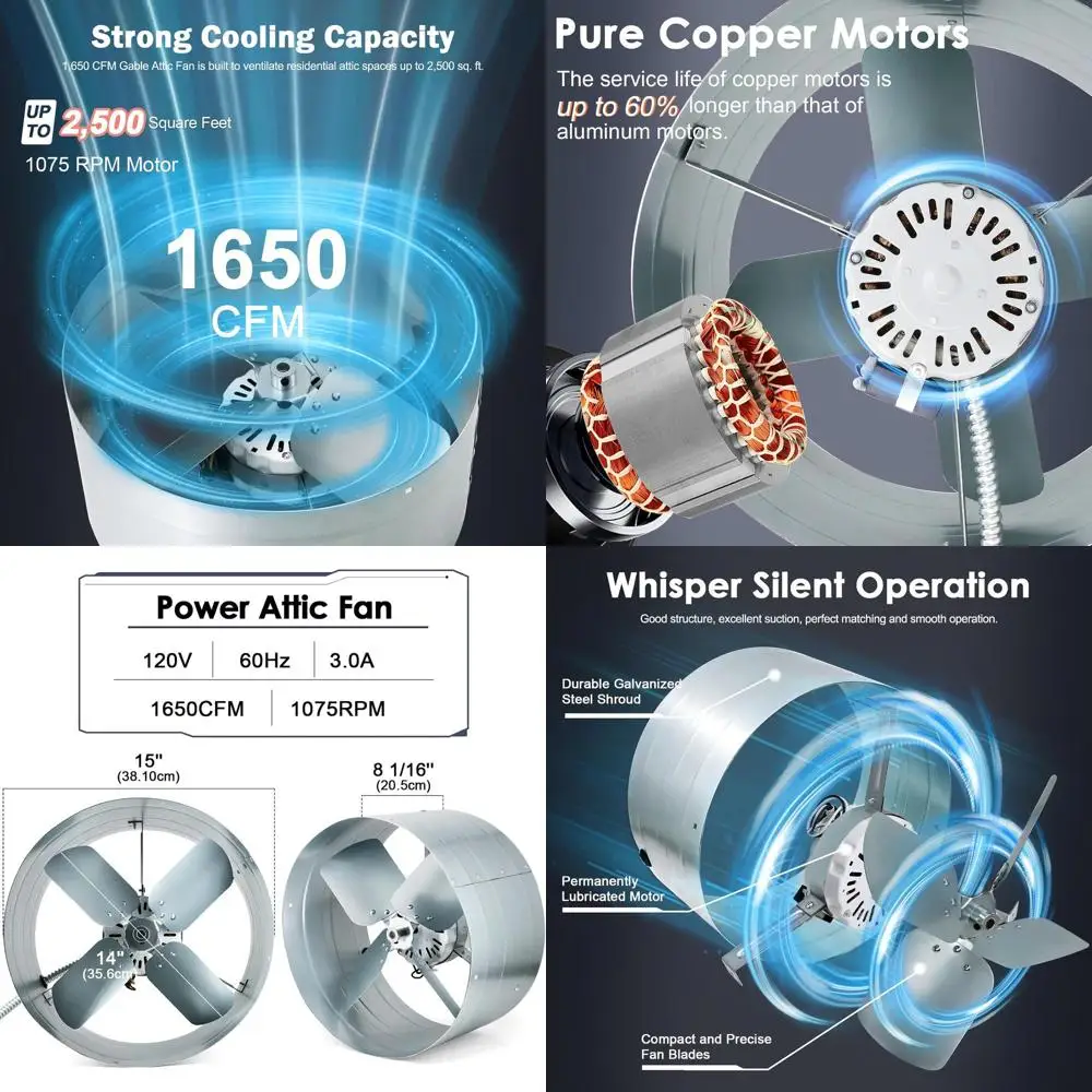 15 Inch High-Performance Gable Vent Exhaust Fan, 1650CFM, 2500 SQF Coverage, Adjustable Thermostat, 14 Inch Blade, 1075RPM Motor
15 Inch High-Performance Gable Vent Exhaust Fan, 1650CFM, 2500 SQF Coverage, Adjustable Thermostat, 14 Inch Blade, 1075RPM Motor