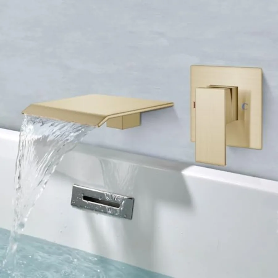 Wall Mount Waterfall Tub Faucet for Bathtub, Brushed Gold Brass, High Flow Spout with Single Handle and Rough-in Valve Included
Wall Mount Waterfall Tub Faucet for Bathtub, Brushed Gold Brass, High Flow Spout with Single Handle and Rough-in Valve Included