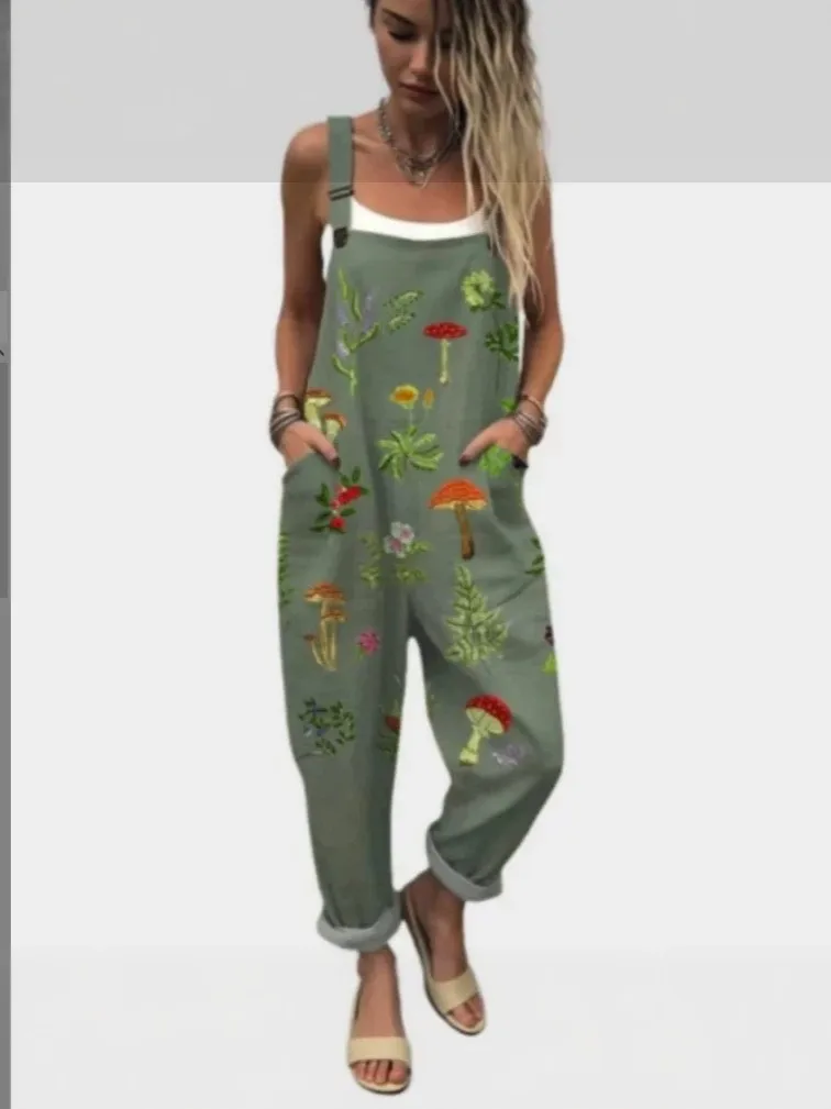 Women Jumpsuit Floral Print High Waist Wide Leg Romper Sleeveless Loose Fit Overalls Light Green Mushroom Print Front Pocket
Women Jumpsuit Floral Print High Waist Wide Leg Romper Sleeveless Loose Fit Overalls Light Green Mushroom Print Front Pocket