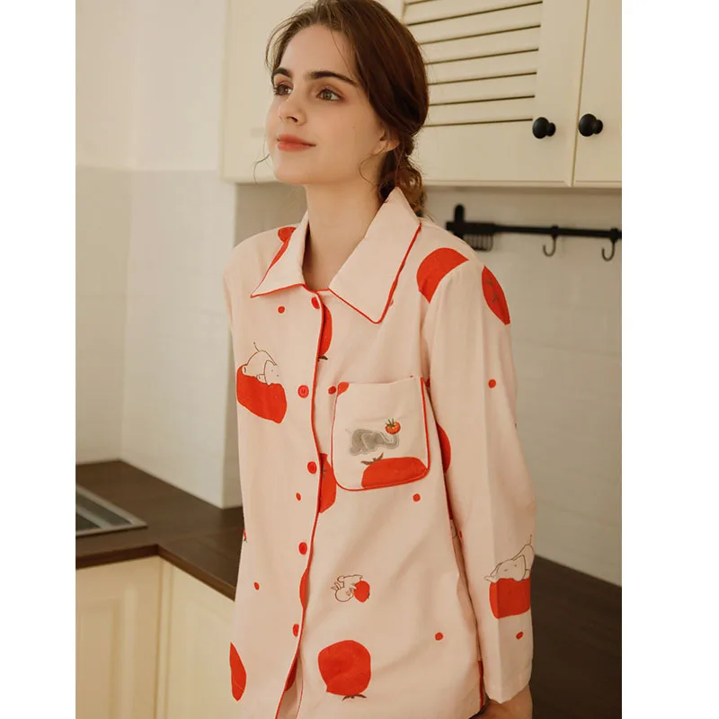 Autumn Pajamas for Women Home Wear Cotton Frosted Cardigan Tomato Elephant Long Sleeve Sleepwear Lapel Trousers Pijama Mujer Set
Autumn Pajamas for Women Home Wear Cotton Frosted Cardigan Tomato Elephant Long Sleeve Sleepwear Lapel Trousers Pijama Mujer Set