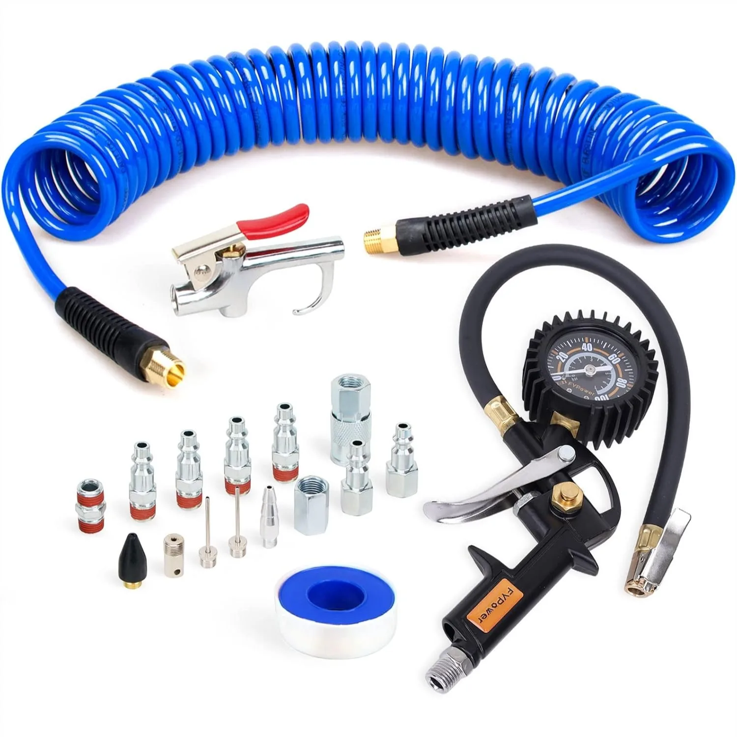 Air Compressor Accessories Kit with 1/4 inch x 25 ft Recoil Poly Hose, Quick Connect Fittings, Tire Inflator Gauge, and Blow Gun
Air Compressor Accessories Kit with 1/4 inch x 25 ft Recoil Poly Hose, Quick Connect Fittings, Tire Inflator Gauge, and Blow Gun