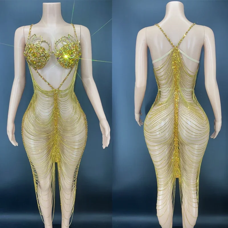 Sexy Hollow Gold Rhinestones Dress Sleeveless Crystal Chains Evening Dresses Birthday Celebrate Outfit Drag Queen Costume XS3552
Sexy Hollow Gold Rhinestones Dress Sleeveless Crystal Chains Evening Dresses Birthday Celebrate Outfit Drag Queen Costume XS3552