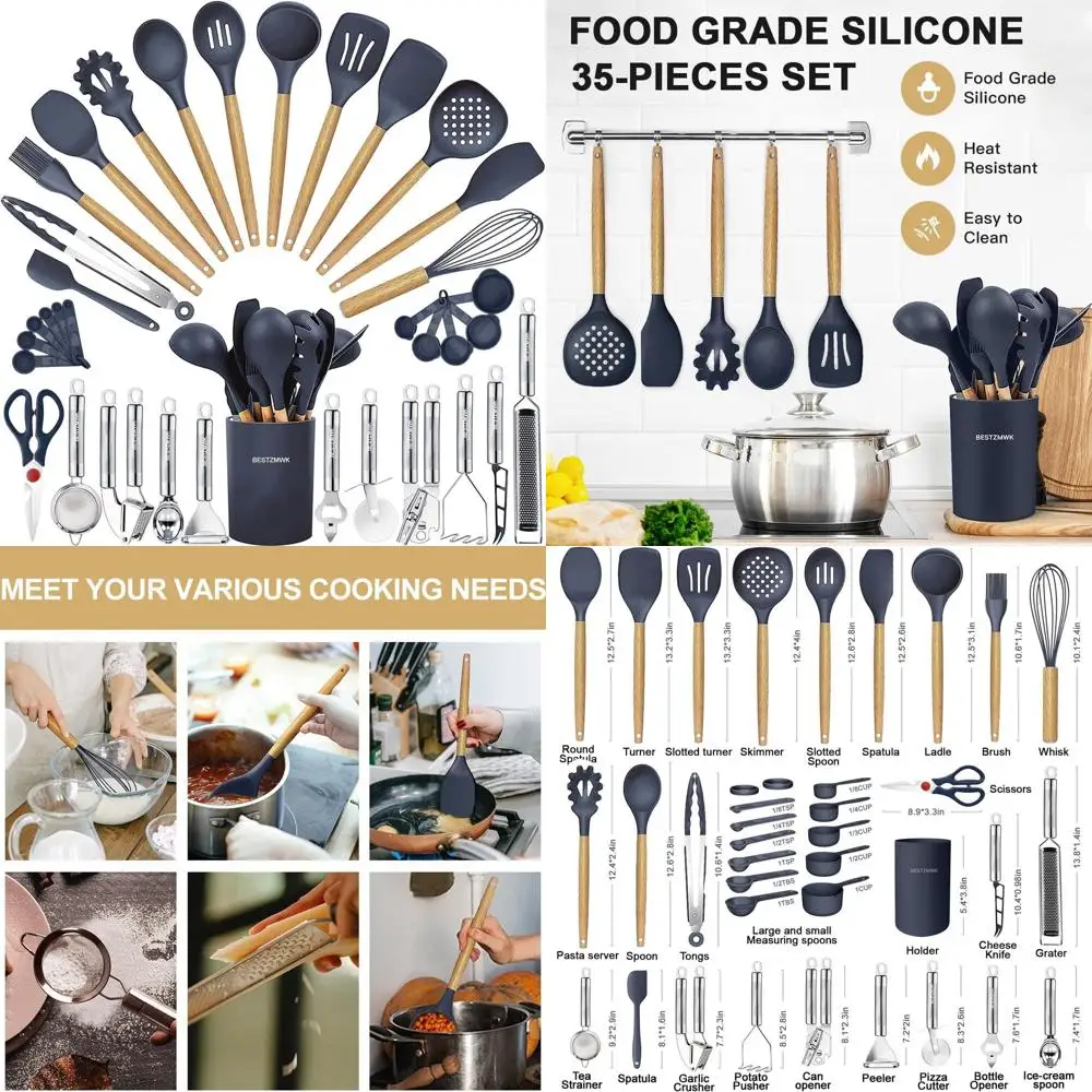 35-Piece Silicone Kitchen Utensil Set with Graters, Tongs, Spatulas, Turners, and Wooden Handles for Heat-Resistant Cooking
35-Piece Silicone Kitchen Utensil Set with Graters, Tongs, Spatulas, Turners, and Wooden Handles for Heat-Resistant Cooking