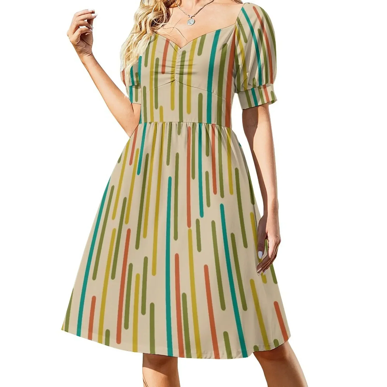 Mid Century Mod Dancing Lines Minimalist Abstract Pattern in Mustard, Orange, Teal, Olive and Beige Sleeveless Dress
Mid Century Mod Dancing Lines Minimalist Abstract Pattern in Mustard, Orange, Teal, Olive and Beige Sleeveless Dress