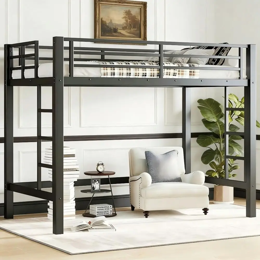 Queen Size Metal Bed, Black Low Profile with Full-Length Guardrails and Dual Ladders, Space-Saving Design for Under-Bed Storage,
Queen Size Metal Bed, Black Low Profile with Full-Length Guardrails and Dual Ladders, Space-Saving Design for Under-Bed Storage,