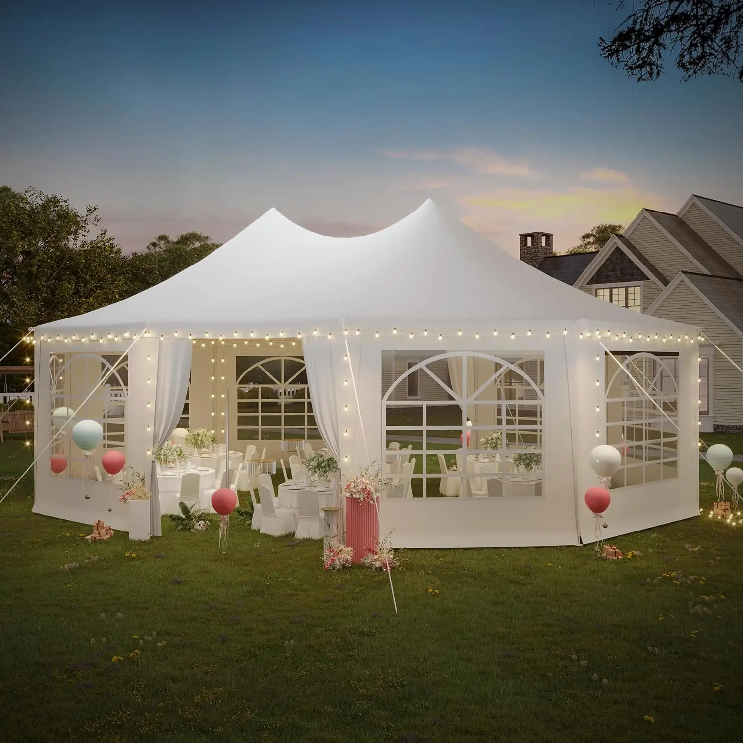 26x19ft Party Tent, White Wedding Tent, Decagonal Heavy Duty Canopy with 8 Removable Sidewalls, 8 Church Windows and 2 Pull-Bac
26x19ft Party Tent, White Wedding Tent, Decagonal Heavy Duty Canopy with 8 Removable Sidewalls, 8 Church Windows and 2 Pull-Bac