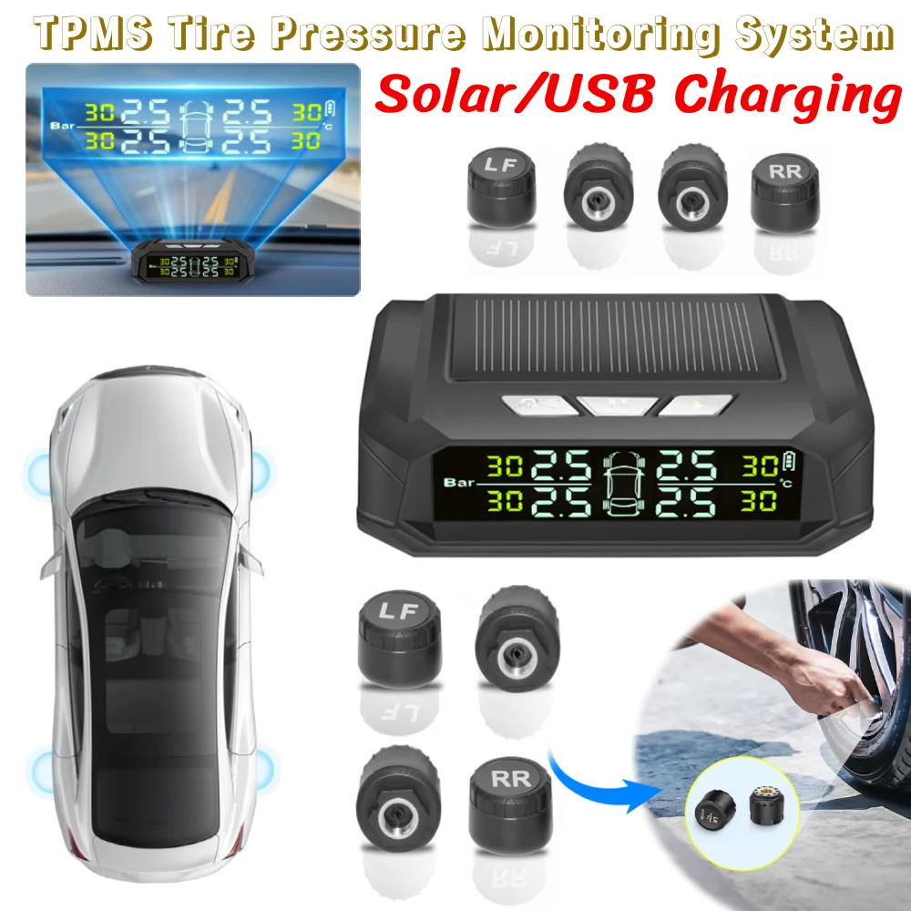 Solar/USB Charging Wireless TPMS with 4 External Sensors Tire Pressure Monitor System LCD Display for RV Sedan SUV Truck
Solar/USB Charging Wireless TPMS with 4 External Sensors Tire Pressure Monitor System LCD Display for RV Sedan SUV Truck