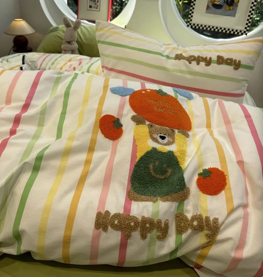 Cute cartoon embroidery bear colorful stripe bedding set,twin full queen cotton home textile bed sheet pillow case quilt cover
Cute cartoon embroidery bear colorful stripe bedding set,twin full queen cotton home textile bed sheet pillow case quilt cover