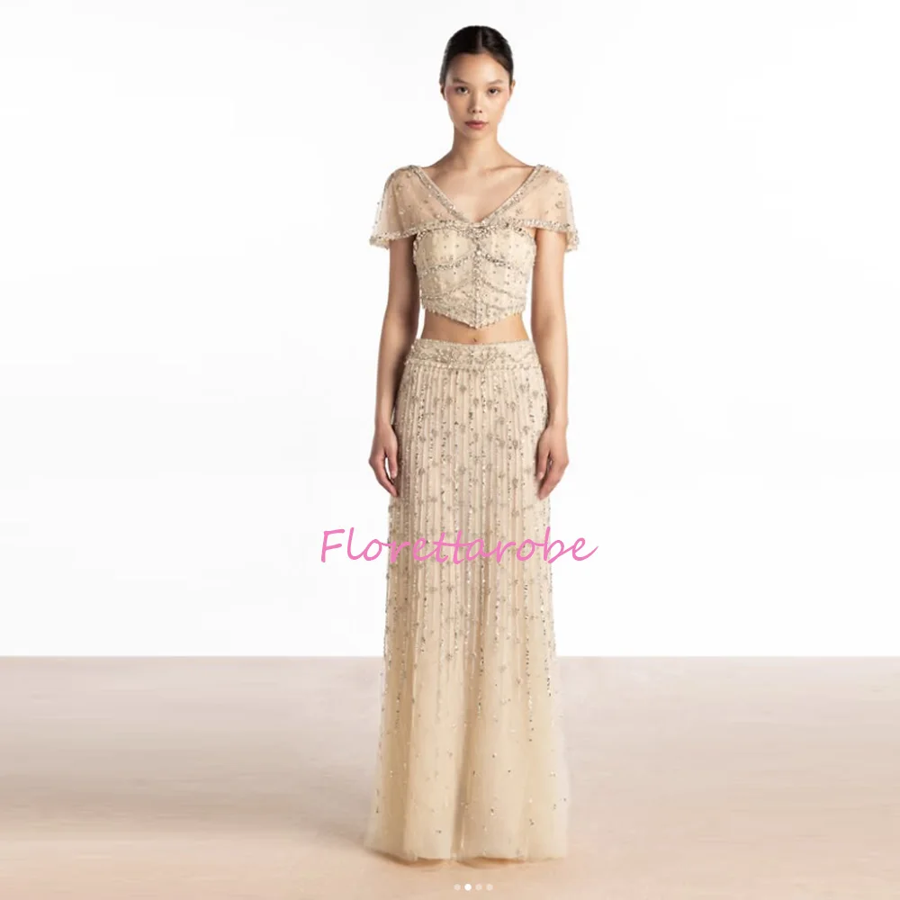 Customized Luxury Evening Dresses Sexy V-Neck Short Sleeve Crystal Beaded 2-Piece Set Prom Dress Arabic Formal Vestidos
Customized Luxury Evening Dresses Sexy V-Neck Short Sleeve Crystal Beaded 2-Piece Set Prom Dress Arabic Formal Vestidos