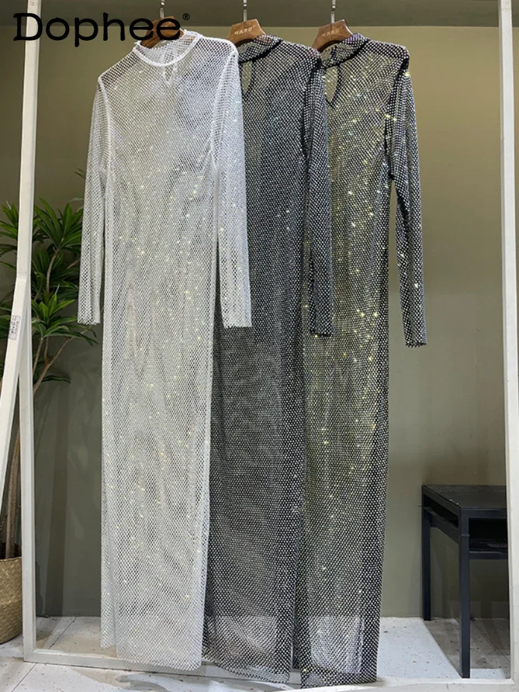 Luxury Hollow Hot Diamond Slim Mesh Full Rhinestone High Neck Long Sleeve Long Dress Simple and Elastic Sexy Dress Women
Luxury Hollow Hot Diamond Slim Mesh Full Rhinestone High Neck Long Sleeve Long Dress Simple and Elastic Sexy Dress Women