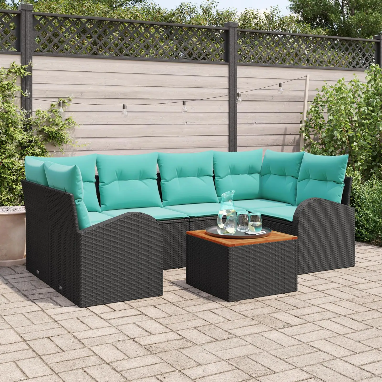 7 Piece Outdoor Garden Sofa Set with Cushions Black Rattan Acacia Furniture
7 Piece Outdoor Garden Sofa Set with Cushions Black Rattan Acacia Furniture