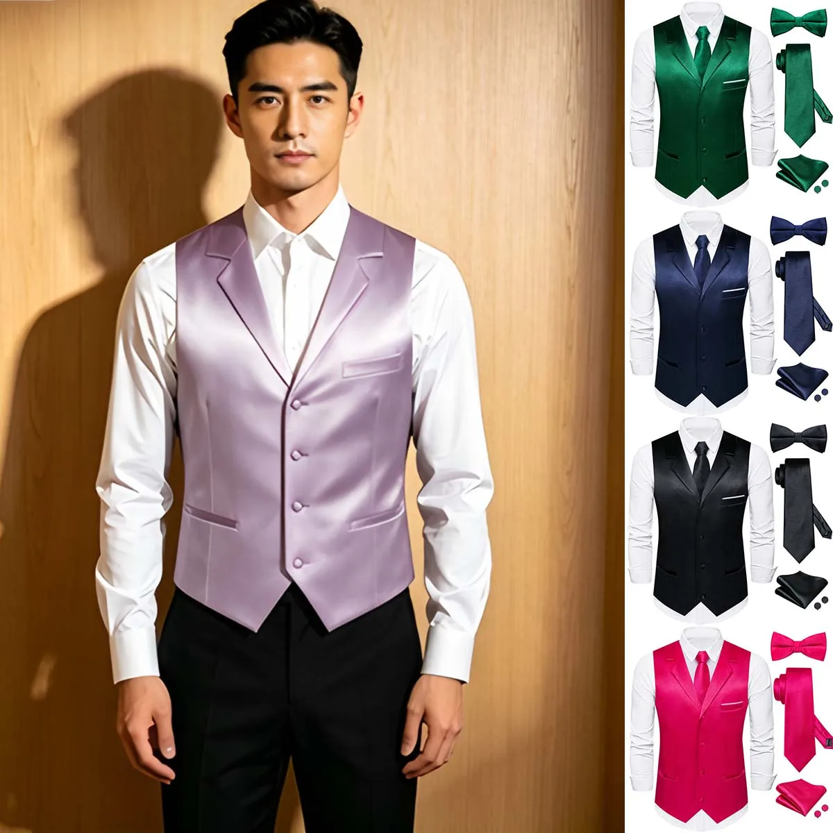 Men Plain Lapel Vest 5 In 1 Outfit Set Waistcoat Necktie Bowtie Hanky Cufflinks Formal Party Dress Match
Men Plain Lapel Vest 5 In 1 Outfit Set Waistcoat Necktie Bowtie Hanky Cufflinks Formal Party Dress Match