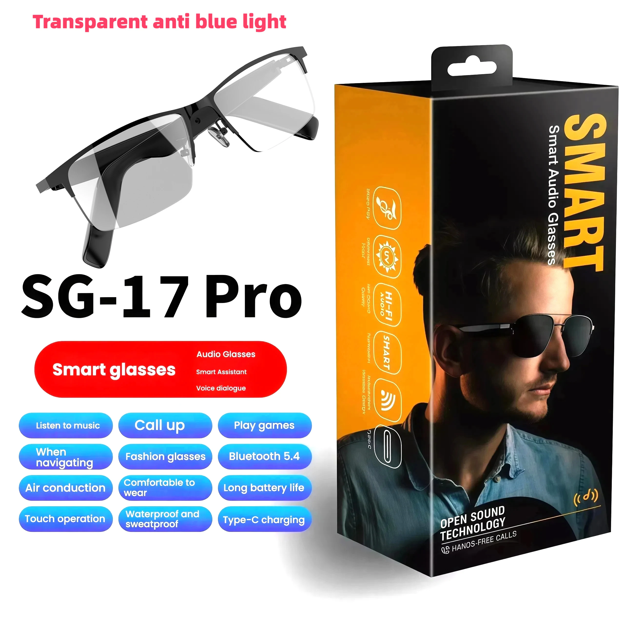 SG17 умные аудиоочки, прозрачные солнцезащитные очки с защитой от синего света, Bluetooth-наушники с микрофоном, поддержка музыкальных звонков для IOS Android
SG17 умные аудиоочки, прозрачные солнцезащитные очки с защитой от синего света, Bluetooth-наушники с микрофоном, поддержка музыкальных звонков для IOS Android