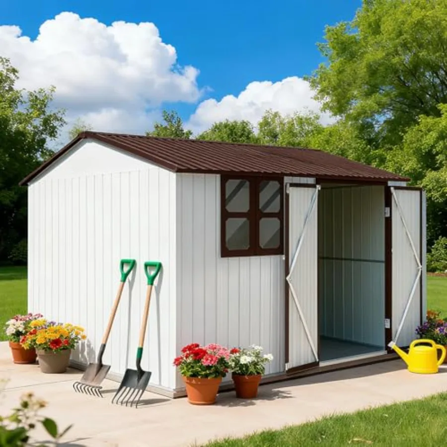 Outdoor Storage Shed: Metal Garden Tool Shed in White with Sloping Roof, Lockable Doors and Windows, All-Weather Weatherproof f
Outdoor Storage Shed: Metal Garden Tool Shed in White with Sloping Roof, Lockable Doors and Windows, All-Weather Weatherproof f